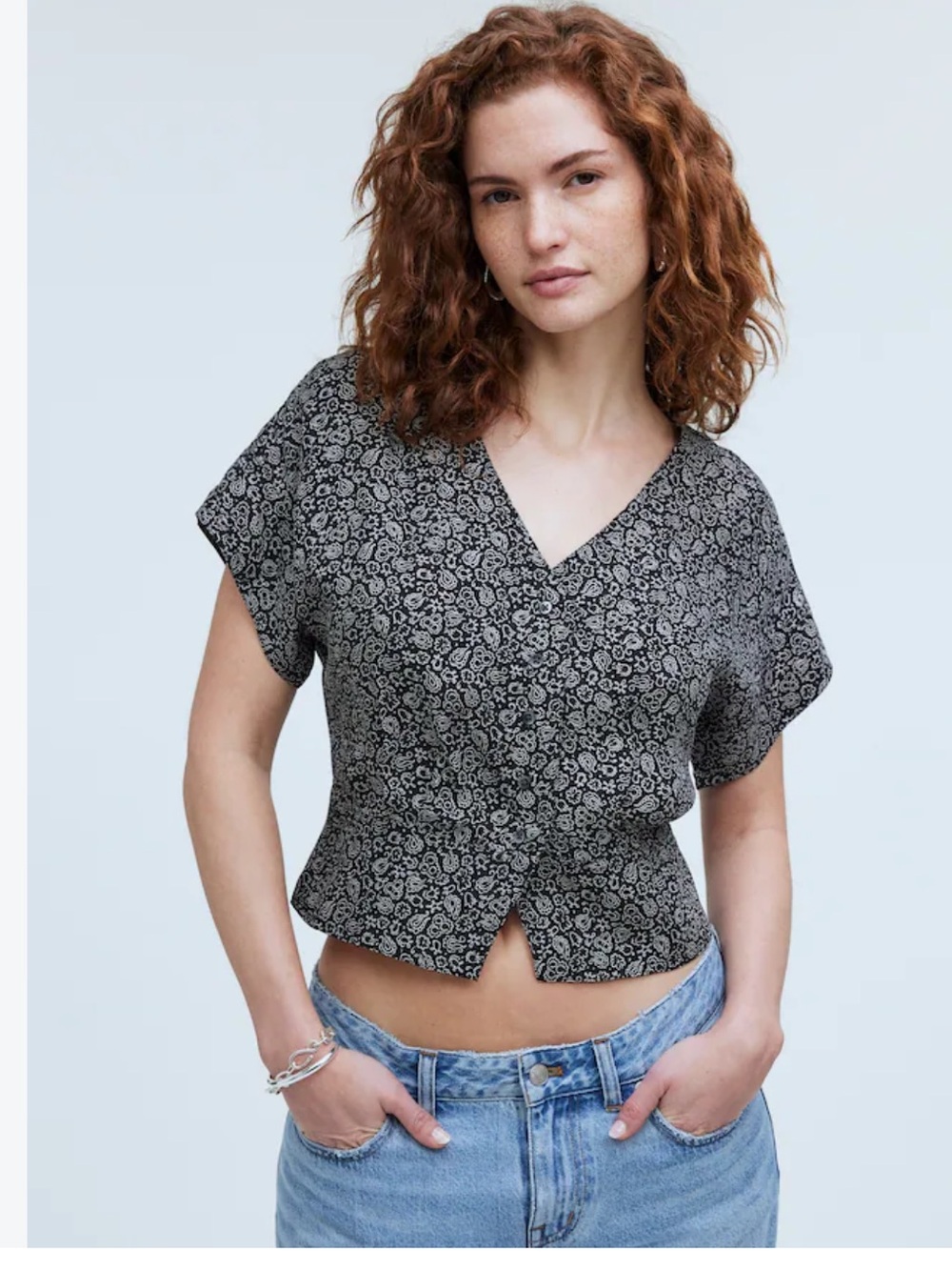 Madewell Black Floral Pleated Short-Sleeve Top size Small